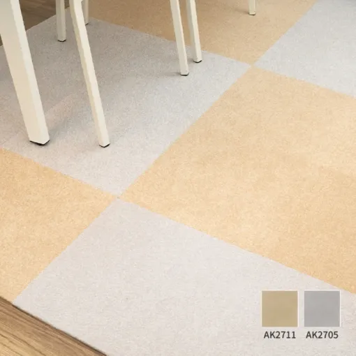 Cream and light gray TOLI AK27 carpet tiles showing a clean checker installation