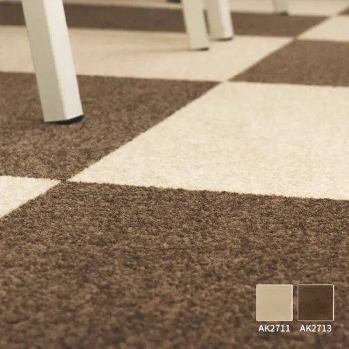 Brown and cream TOLI AK27 carpet tile checker under a dining table